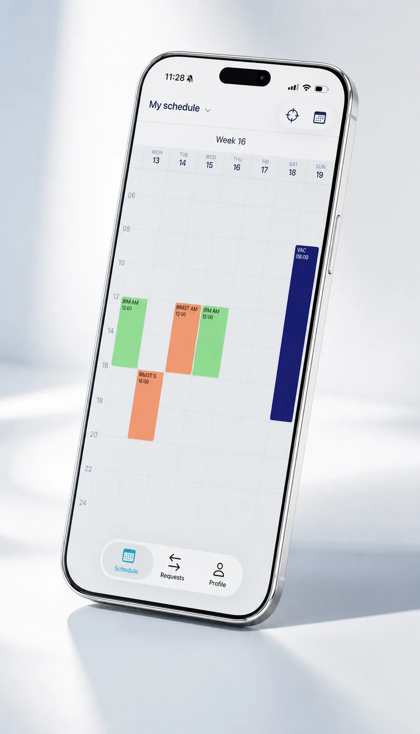 Momentum healthcare scheduling app on iPhone: weekly medical staff schedule with shifts and vacation
